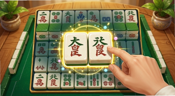 麻将皇帝游戏中的多层牌阵消除画面,画面中玩家正在点击一对相同的麻将牌,牌面高亮显示,周围有轻微的光效点缀,背景是木质桌面与绿植,整体色调温暖明亮