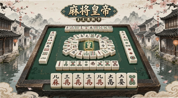 麻将皇帝最新版本更新后的主题关卡界面,画面展示江南水乡风格的牌阵背景与全新牌面图案,整体色调清雅,突出新版本内容