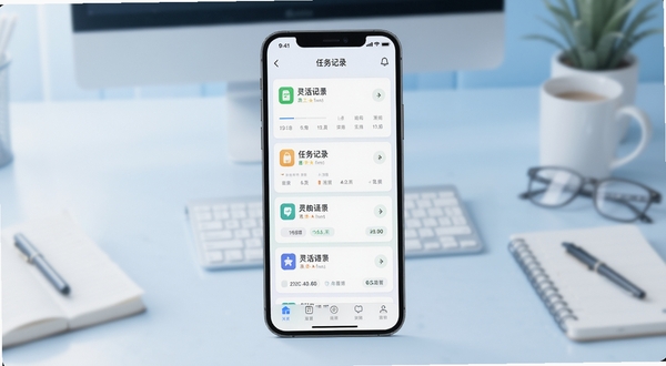 灵工卡应用主界面全貌展示,画面中央为手机屏幕内的任务记录卡片列表,背景为浅蓝色渐变办公桌面环境,柔和光线,扁平化UI风格,突出灵活用工记录与收入管理功能,高清细节,适配Boogu模型生成