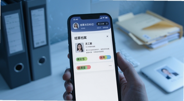 灵工卡个人档案与结算状态标记界面,手机屏幕显示档案卡片与彩色状态标签,背景为整洁的桌面与文件夹,冷色调光线,商务简约风格,体现个人用工信息管理与结算提醒功能