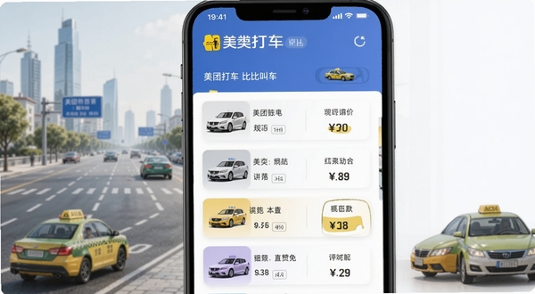 美团打车比价叫车界面细节,手机屏幕显示多种车型选项与价格对比列表,旁边有城市道路与出租车元素点缀,整体风格现代简洁,突出聚合比价功能