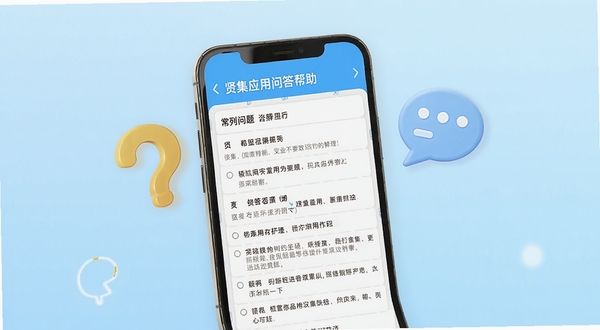 一部手机显示贤集应用问答帮助页面,屏幕中有常见问题列表和解答文字,手机旁有问号图标和对话气泡装饰元素,背景为浅蓝色渐变,整体风格清爽明快,适合表现用户答疑场景