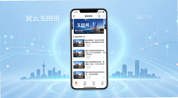 整体展现冀云玉田手机应用界面,画面中央是一部竖屏手机,屏幕内呈现新闻资讯首页布局,包含顶部轮播图、中部新闻列表与底部导航栏,背景为浅蓝色渐变科技感光晕,周围点缀玉田城市剪影与数据流线条,风格简洁现代,适合应用商店展示