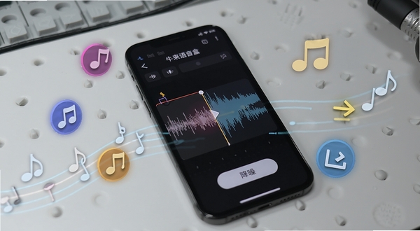 牛来语音盒录音编辑界面,手机屏幕显示波形裁剪条与降噪按钮,周围环绕音符与导出箭头图标,背景为浅灰工作台质感,突出音频处理场景