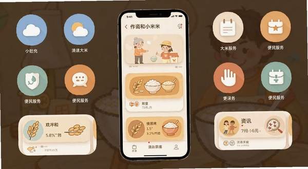 大米和小米应用首页卡片式布局界面展示,手机屏幕居中,浅色背景,周围环绕天气图标、便民服务图标与资讯卡片元素,扁平化插画风格,整体色调温暖柔和