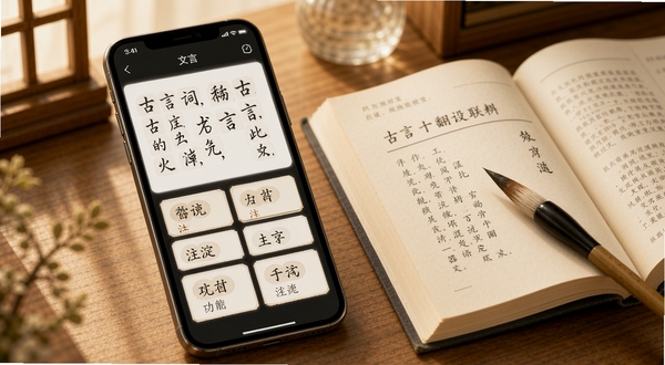 古文翻译器功能界面展示,手机屏幕中显示文言文句子与下方逐词注释卡片,旁边有翻开的语文课本与毛笔,画面色调温暖柔和,突出古文翻译器字词注释联动功能