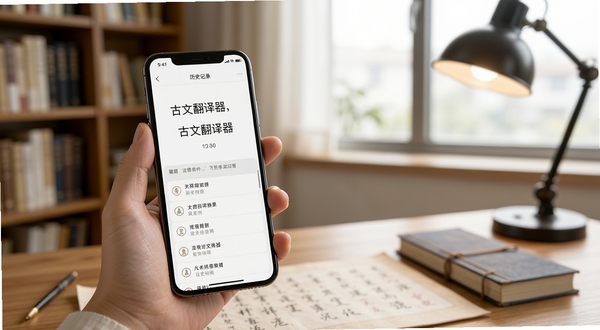 古文翻译器移动端操作场景图,一只手握持手机,屏幕显示翻译结果与历史记录列表,背景为书房环境,光线明亮,画面干净,体现古文翻译器日常使用体验