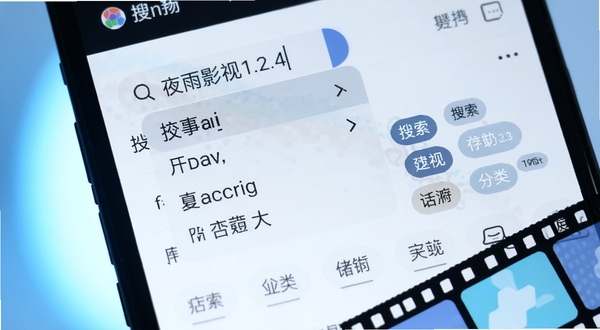 夜雨影视1.2.4搜索与分类界面细节特写,画面主体为手机屏幕局部放大,展示搜索框输入联想下拉列表与分类标签云,背景为淡蓝色柔和光晕,画面右下角有抽象影视胶片元素点缀,整体色调清新明快