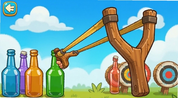 卡通风格的弹弓大作战游戏主界面,画面中央一把木质弹弓拉满皮筋,前方排列着彩色玻璃瓶与靶标,蓝天白云背景,明亮活泼的色彩,手机游戏截图风格,细节清晰