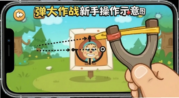 弹弓大作战新手操作示意图,手指在手机屏幕上拉伸弹弓皮筋,屏幕显示虚线瞄准轨迹,卡通界面,教学风格,清晰易懂