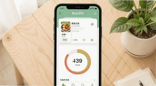 ����չʾ NutriFit Ӧ�������棬��������Ϊ�ֻ���Ļ��д����Ļ�ڳ�����ʳ��¼��Ƭ�뻷����������ͼ������Ϊǳľɫ��������ɫֲ������Ȼ�⣬��ƽ�廭���ͻ��������¼����������ˬ����