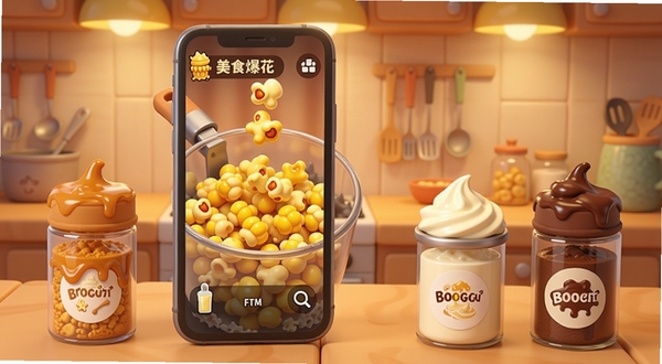 以美食爆米花软件为主题,画面主体位于中央偏左,展示一部手机屏幕上正在播放爆米花制作过程,金黄玉米粒在透明锅中炸开,周围环绕着焦糖、奶油、巧克力三种口味调料瓶,背景为温馨厨房台面与暖黄灯光,整体风格为3D卡通渲染,色彩明亮诱人,适配Boogu模型生成