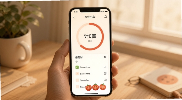 专注小窝移动端操作界面示意图,手机屏幕展示番茄计时环形进度条与任务清单列表,柔和暖色调,简洁UI风格