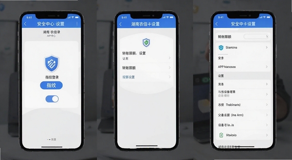 湖南农信APP安全中心设置页面截图,手机屏幕展示指纹登录开关、转账限额设置与设备管理列表,界面元素带有盾牌安全图标,背景为淡灰色极简风格,突出安全防护主题