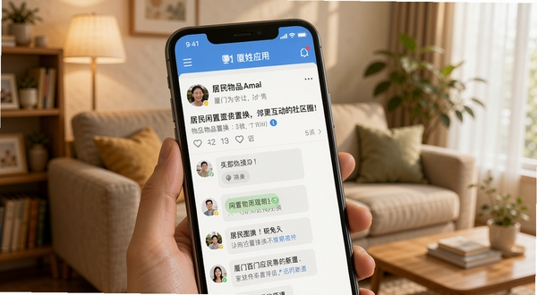 厦门百姓应用内邻里互动社区圈子界面,画面主体为手机屏幕特写,屏幕中显示居民发布的闲置物品置换帖子与评论互动,背景为温馨的居家客厅一角,光线柔和