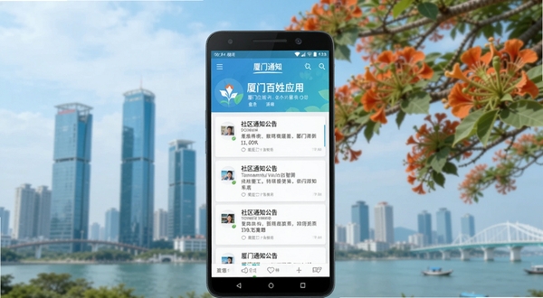 厦门百姓应用首页展示社区通知公告列表的手机界面截图,画面主体为一部竖屏放置的安卓手机,背景为虚化的厦门城市天际线与凤凰木,整体色调清新明亮,体现智慧社区服务场景