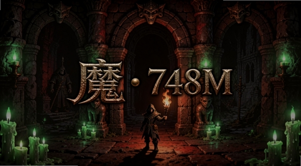 魔幻游戏主界面,暗黑地牢风格,角色手持火把站在回廊入口,四周是幽绿色烛光与石雕拱门,画面中央有魔幻 748M标题字样,整体色调偏暗红与青铜色,适配手机竖屏构图