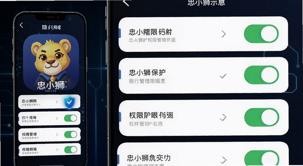忠小狮权限管理界面示意,画面展示手机设置页中的权限开关列表,配合忠小狮应用图标,风格偏科技感与安全感,背景为深色渐变,突出隐私保护主题