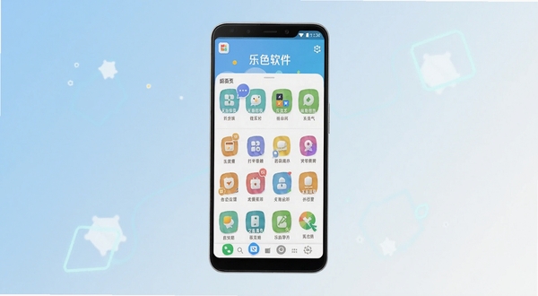 乐色软件官方主界面全貌展示,画面主体为一部竖屏安卓手机居中放置,屏幕内呈现乐色应用清爽的首页布局与功能图标矩阵,背景为浅蓝到白色的柔和渐变区域,四周点缀简洁的几何光斑,整体风格干净利落,适配Boogu模型生成