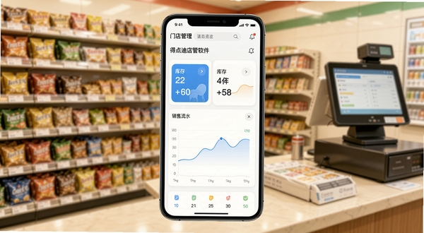得点迪店管软件主界面展示,画面中央为手机屏幕特写,屏幕内呈现门店管理仪表盘,包含库存数量卡片与销售流水曲线,背景为虚化的便利店货架与收银台场景,整体色调明亮偏暖,写实风格,细节清晰,突出移动端管理工具的便捷感