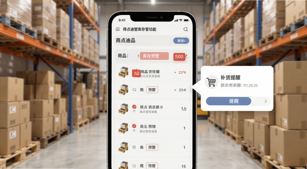 得点迪店管库存管理功能界面,手机屏幕中显示商品列表与库存预警红色标记,旁边有补货提醒弹窗,背景为仓库货架与纸箱堆叠场景,光线柔和,画面干净,突出数字化库存管理的直观性