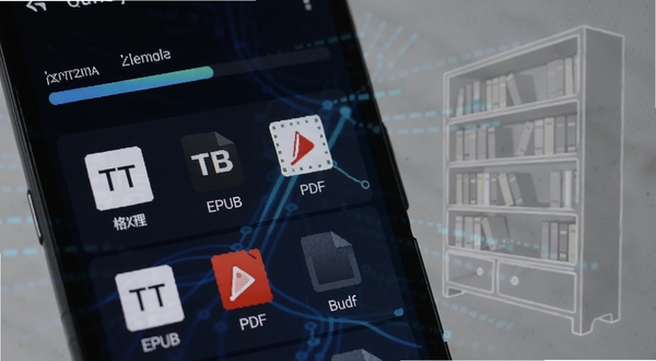 阅坛Android多格式书籍导入界面特写,手机屏幕显示文件扫描进度条与格式识别列表,TXT、EPUB、PDF图标依次排列,背景为深色科技感渐变,画面右侧浮现半透明的书架轮廓,整体呈现数据整理的高效感