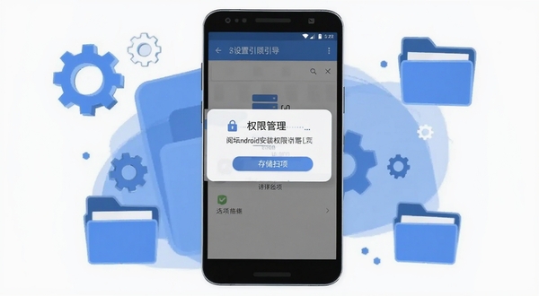 阅坛Android安装权限设置引导页面示意图,手机屏幕展示权限管理弹窗与存储扫描选项,画面采用扁平化插画风格,蓝白配色为主,周围点缀齿轮与文件夹图标,整体清晰传达设置流程的直观感