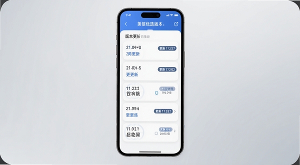 美信优选版本更新界面示意图,手机屏幕展示版本更新日志列表,每条记录带有版本号和更新日期标签,界面配色为清爽的蓝白色调,背景为浅灰渐变,画面简洁干净,适配Boogu模型生成