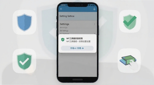 MY工具箱安装权限设置界面示意,手机屏幕弹出存储权限授权对话框,背景为浅灰色设置页面,周围有盾牌和勾选标记的扁平图标,体现安装过程中的安全授权环节