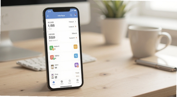 Expense Tracker 记账软件主界面全貌展示,画面主体位于中央偏左,手机屏幕呈现收支列表与分类图标,背景为浅色桌面环境,柔和自然光,扁平化设计风格,细节清晰,适配Boogu模型生成