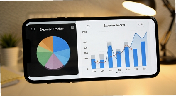 Expense Tracker 分类统计图表界面展示,画面主体为手机屏幕中的饼状图与柱状图组合,背景为简洁办公桌面,暖色调灯光,UI细节清晰,突出数据可视化效果