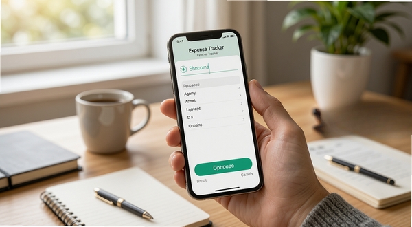 Expense Tracker 手机端记账操作步骤示意图,画面主体为手持手机展示记账输入界面,背景为居家书桌场景,自然光线,细节清晰,突出操作便捷性