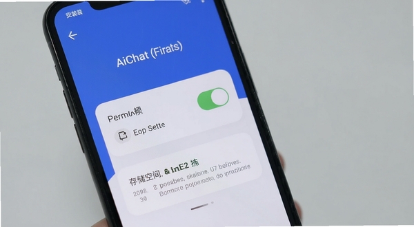 手机屏幕展示AiChat安装引导界面,画面中有权限设置开关与存储空间提示卡片,背景为柔和的浅灰色,整体风格简洁实用,突出安装配置与使用指引主题