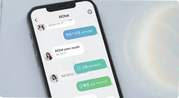 AiChat软件界面展示图,手机屏幕中呈现多轮对话气泡,浅色背景搭配圆角卡片,画面右侧有柔和的光晕效果,整体风格清新明快,体现流畅对话与快速响应的产品特点