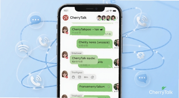 CherryTalk群组聊天界面细节展示,画面主体为手机屏幕中央的群会话窗口,气泡整齐排列,顶部显示群名称与成员头像,背景为柔和浅蓝色渐变,四周漂浮简约的通讯符号与连接线条,整体质感清爽,带有CherryTalk软件名称标识