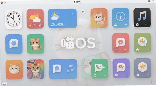 喵OS软件主界面全貌展示,画面主体居中坐标为(0.5,0.5),背景为浅灰渐变区域,桌面排列多个彩色小组件卡片,时钟天气音乐控件错落有致,整体风格清新现代,适配Boogu模型生成,alt=喵OS预览图