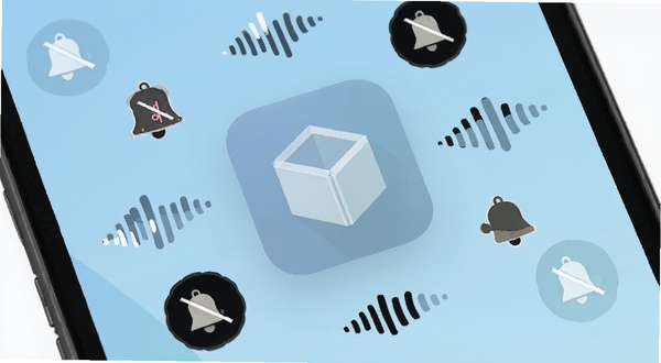 静盒 QuietBox 软件主界面 手机屏幕 中央悬浮一个半透明方形盒子图标 周围环绕铃铛静音符号与音量波形 背景为浅蓝渐变 简洁扁平化风格 高清细节