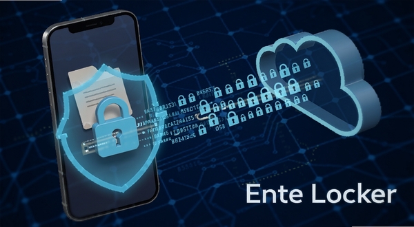 Ente Locker 加密流程示意画面,一部手机屏幕显示文件正在被锁形图标包裹,数据流从手机指向云端时变为密文符号,背景为深蓝科技网格,画面右下角标注 Ente Locker 字样,整体呈现安全防护氛围
