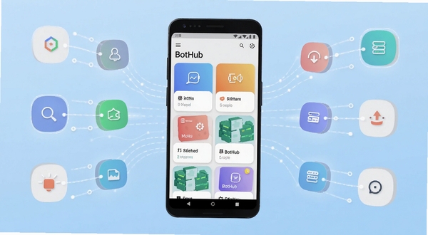 �������BotHub��������ȫò����������һ����׿�ֻ���ĻչʾBotHub�����濨Ƭʽ���ܲ��֣�����Ϊǳ������Ƽ��пռ䣬���ܻ��ƿ��ָ��ͼ����������������������ִ�������Booguģ������