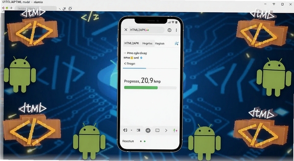 HTML2APK软件界面全貌展示,画面中央为手机屏幕显示网页打包进度条,背景为深蓝色科技感渐变,四周环绕HTML代码符号与安卓机器人图标,整体风格简洁明亮,适配Boogu模型生成