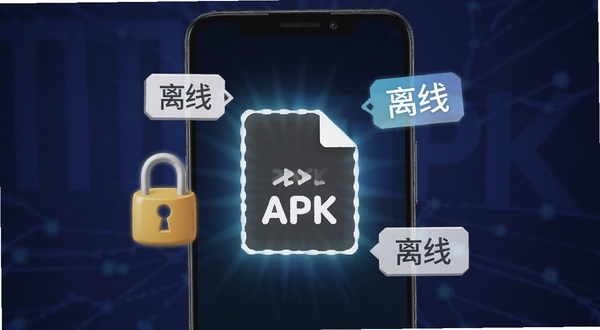 HTML2APK离线打包功能特写,画面展示一部安卓手机屏幕中央出现一个发光的APK文件图标,周围有锁形标志与“离线”字样标签,背景为深色渐变,突出本地处理与隐私保护概念,适配Boogu模型生成