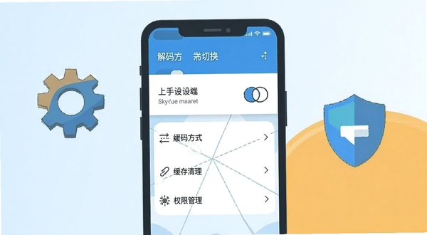 SkyTube移动端设置界面截图风格插画,画面展示手机屏幕内解码方式切换、缓存清理、权限管理等选项列表,旁边配以齿轮与盾牌图标,整体风格扁平化,色调清新,突出上手设置与问题排查主题