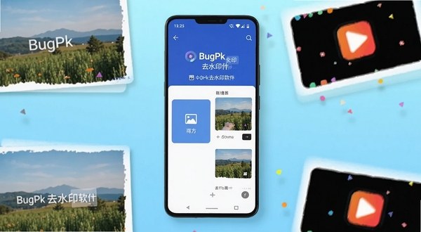 ��������һ��������׿�ֻ�����Ļ��ʾBugPkȥˮӡ���������棬��������ͼƬ���밴ť��ȥˮӡǰ��Ա�����ͼ������Ϊǳ��ɫ�������滷������Χɢ�伸�Ŵ���ˮӡ�ķ羰��Ƭ�����Ƶ���濨Ƭ����������ˬ������ͻ���ƶ��˱�ݲ�����Χ