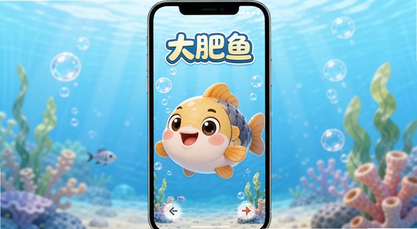 大肥鱼应用主界面全貌展示,画面中央是一只圆润可爱的卡通鱼形宠物在手机屏幕中游动,背景为淡蓝色渐变的水下场景,点缀气泡与水草,整体风格清新明亮,突出大肥鱼软件名称标识
