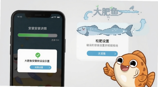 大肥鱼安装步骤与权限设置示意图,画面展示手机屏幕上的安装进度条与权限授权弹窗,旁边配有卡通鱼宠物指引手势,背景为浅灰色简洁风格,突出操作引导感