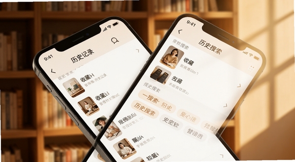 音搜收藏与历史记录页面,手机屏幕斜放展示,屏幕内呈现收藏列表与历史搜索标签,背景为暖色调书架与光影,营造整理归档的视觉联想