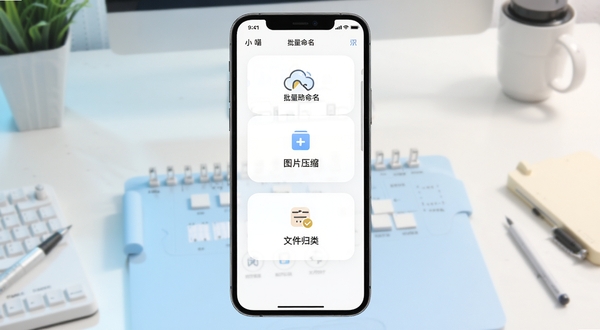 小喵批量处理软件主界面展示,手机屏幕居中构图,界面包含批量重命名、图片压缩、文件归类三个功能卡片,背景为浅色渐变工作台场景,整体风格清爽简约,突出工具类应用的高效感