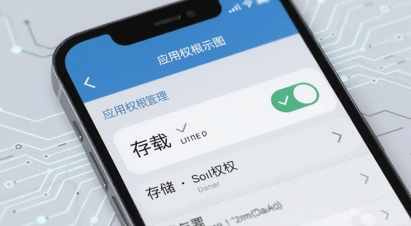 轻载软件安装权限设置示意图,画面展示手机设置页面中应用权限管理界面,存储权限开关处于开启状态,旁边有勾选标记,背景为浅灰色科技感线条,整体色调冷静专业,突出轻载软件安装配置的引导场景