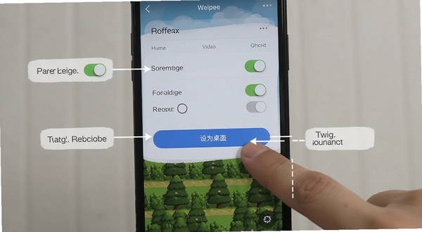 Twig使用教程示意图,手机屏幕展示壁纸应用设置界面,手指点击