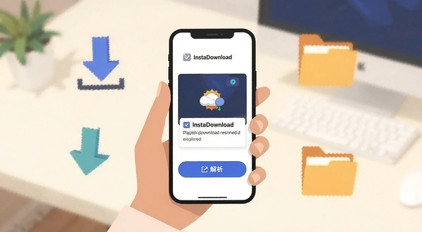 InstaDownload 移动端操作流程示意图,手持手机屏幕显示粘贴链接与解析按钮,背景为浅色桌面环境,画面主体居中,周围点缀下载箭头与文件夹图标,扁平插画风格